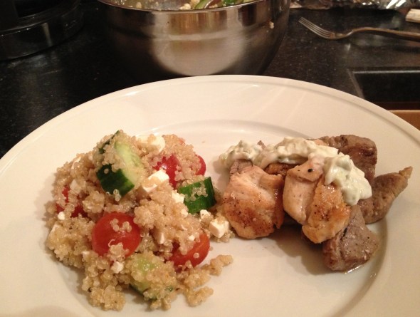 Greek Quinoa Salad & Mixed Grill with Cucumber Yogurt Dressing: A Broad Cooking