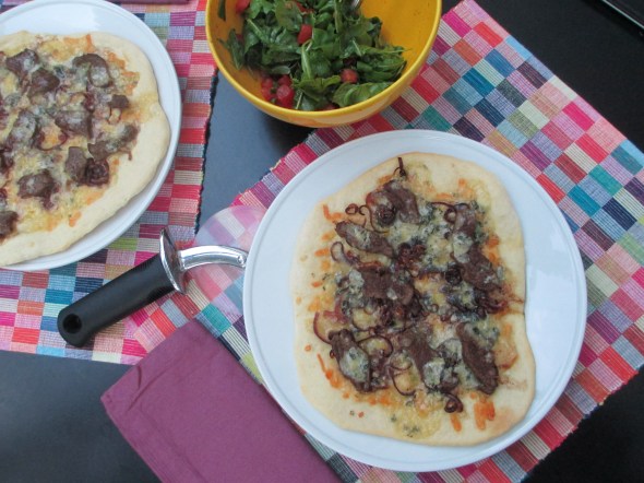 Blue Cheese Steakburger Pizza with Mustardy Arugula Salad: A Broad Cooking