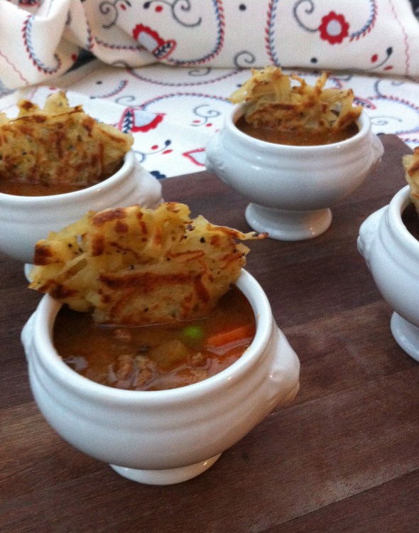 Shepherds Pie Soup w/ Crispy Potato Cake Topping: A Broad Cooking