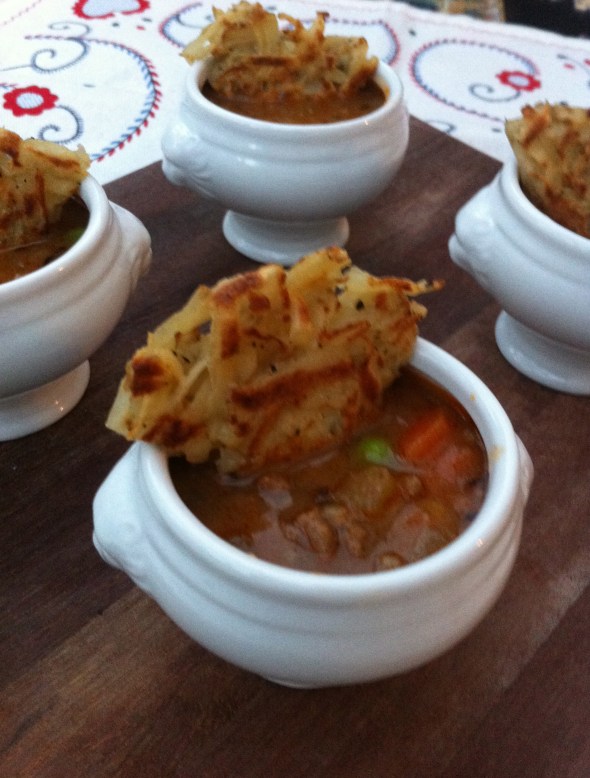 Shepherds Pie Soup w/ Crispy Potato Cake Topping: A Broad Cooking